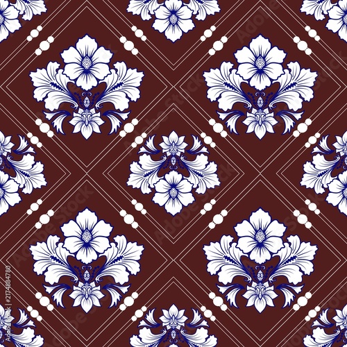 Seamless Vintage Damask Floral Pattern with Blue and White Flowers on Dark Maroon Background, Luxury Ornamental Ceramic Motif Vector Illustration seamless pattern with flowers 