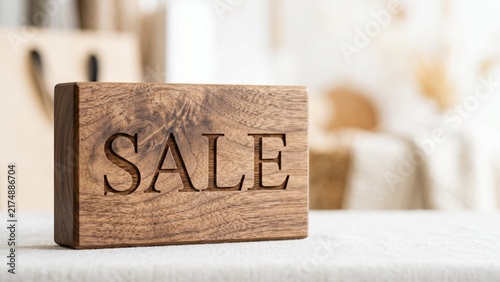 Rustic wooden block with Sale engraved text on table