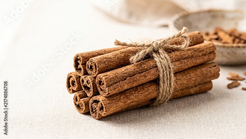 Aromatic Cinnamon Sticks Tied with Rustic Twine on Linen Background