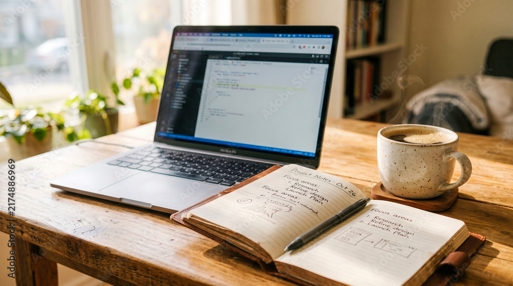 Obraz premium Cozy home office desk setup with a laptop, open notebook, and cup of coffee.