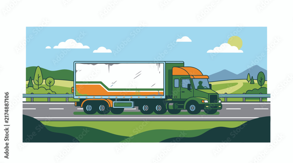Fototapeta premium Green semi truck driving on a highway road through a scenic landscape. EPS Editable. Vector Illustrations.