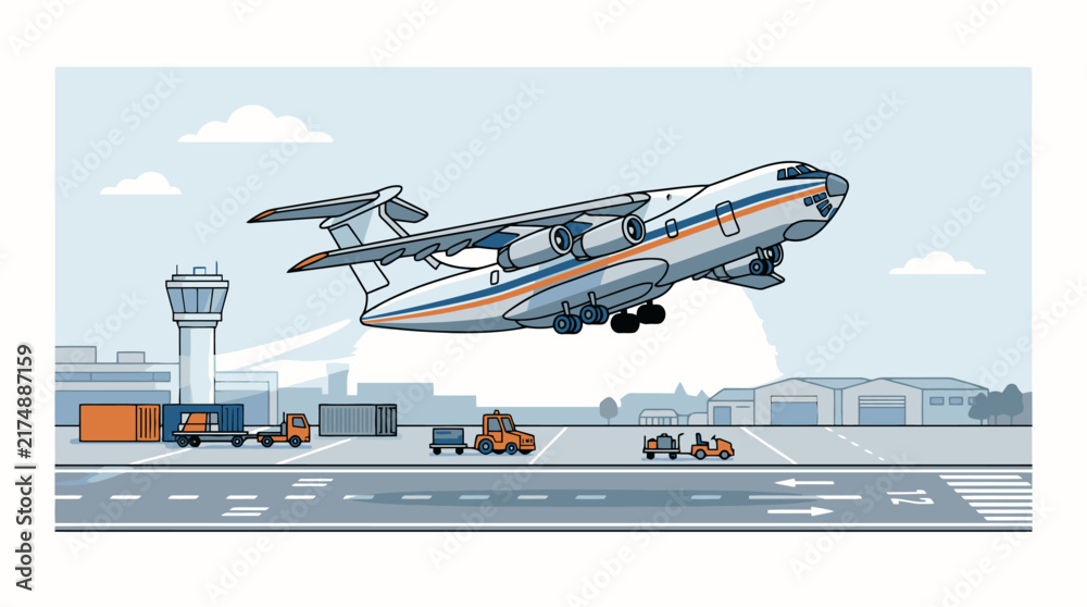 Fototapeta premium Large cargo airplane taking off from an airport runway illustration. EPS Editable. Vector Illustrations.