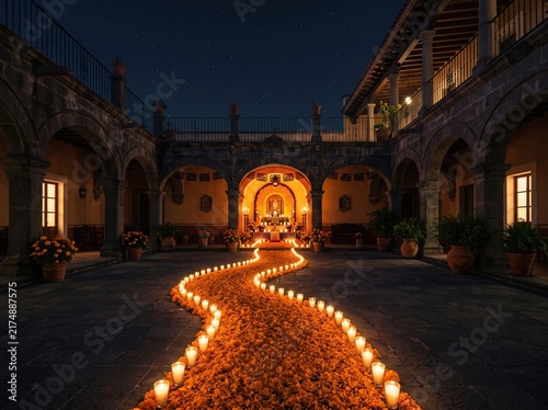 Courtyard pathway of marigold petals and candles leading to altar for memorial ceremony background and event banner design
