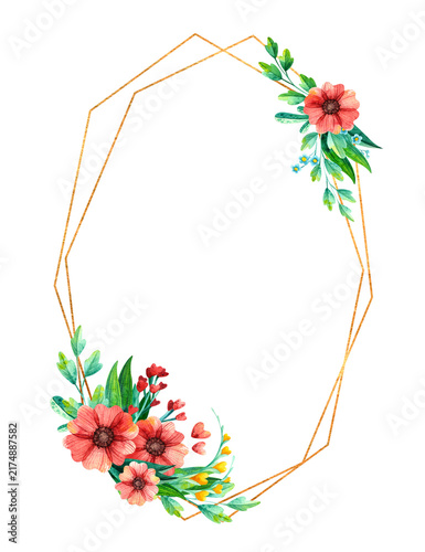 Minimal Polygon Gold Frame with Watercolor Floral Corner Decorations
