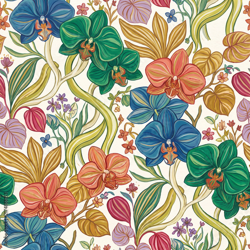 Orchid Bloom Pattern: A vibrant, seamless pattern featuring exotic orchids in various hues of blue, green, and coral, intertwined with lush foliage and delicate tendrils.