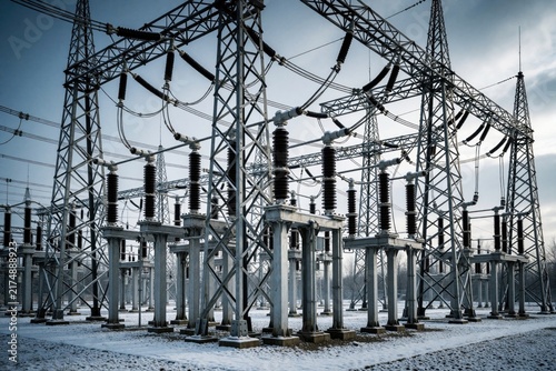 Electrical substation with metal towers and insulators. Power lines connect transmission pylons. Snowy ground suggests cold weather operation. High voltage energy infrastructure.