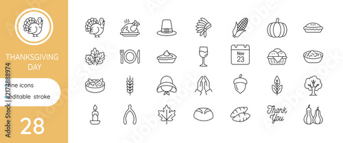 Thanksgiving linear icon set – editable stroke, vector