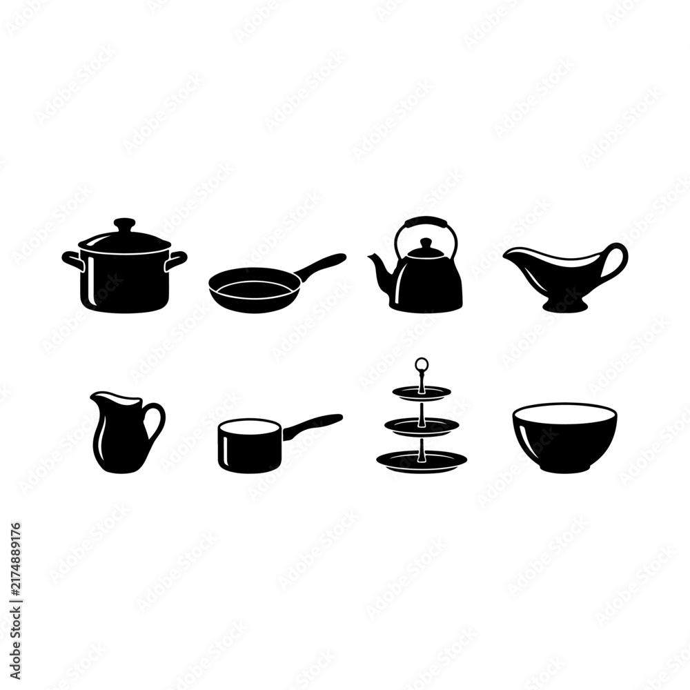 Obraz premium Cookware, kitchenware and pots vector collection set