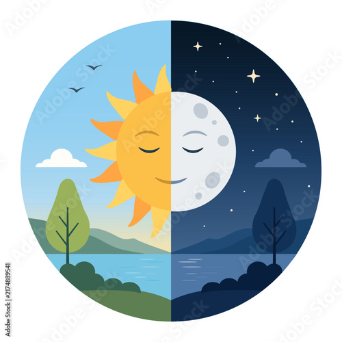 Half sun and half moon face in circle over landscape with lake and mountains, vernal or autumnal equinox day, day and night, lunar and sun, earth seasons,annual seasonal cycle,weather forecast, vecto