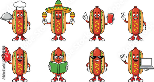 Funny hotdog cartoon mascot character vector set with different lifestyle poses activities and expressions