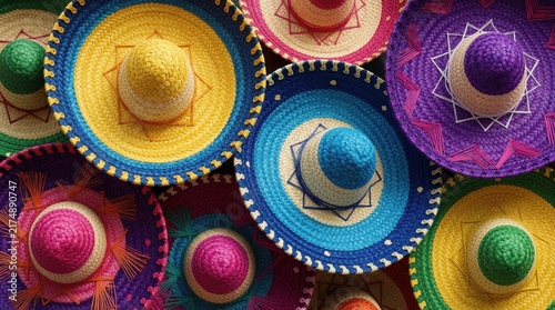 Colorful traditional Mexican sombrero hats stacked together. Bright woven straw hats with many patterns create abstract background. Festive festive objects for fiesta celebration, mariachi music,