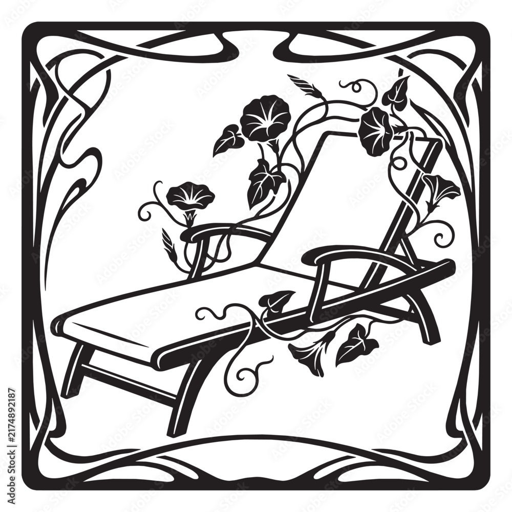 Obraz premium Art Nouveau Ornamental Botanical Illustration of a Deck Chair with Floral Whiplash Patterns and Morning Glory Flowers