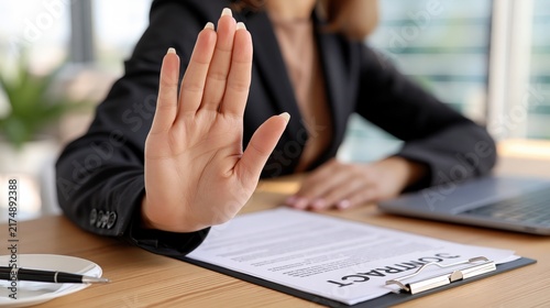 Person in formal attire signals to halt signing a document.