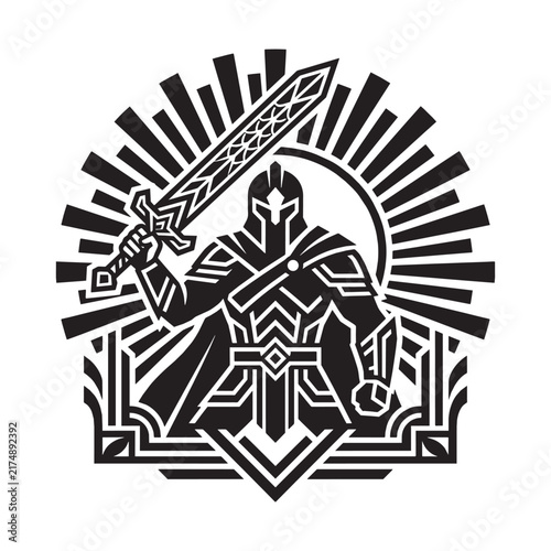 Artdeco Geometric Knight Warrior with Sword Ornamental Vintage Luxury Illustration in Black and White Silhouette Style