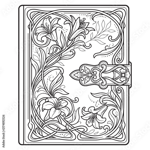 Elegant Art Nouveau botanical book cover illustration featuring ornamental floral whiplash patterns for adult coloring page.