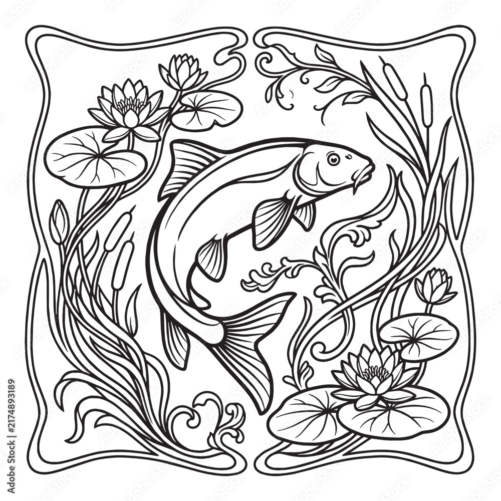 Obraz premium Art Nouveau Line Art of a Fish in a Pond with Botanical Floral Elements Water Lilies and Ornamental Whiplash Curves for Coloring Page