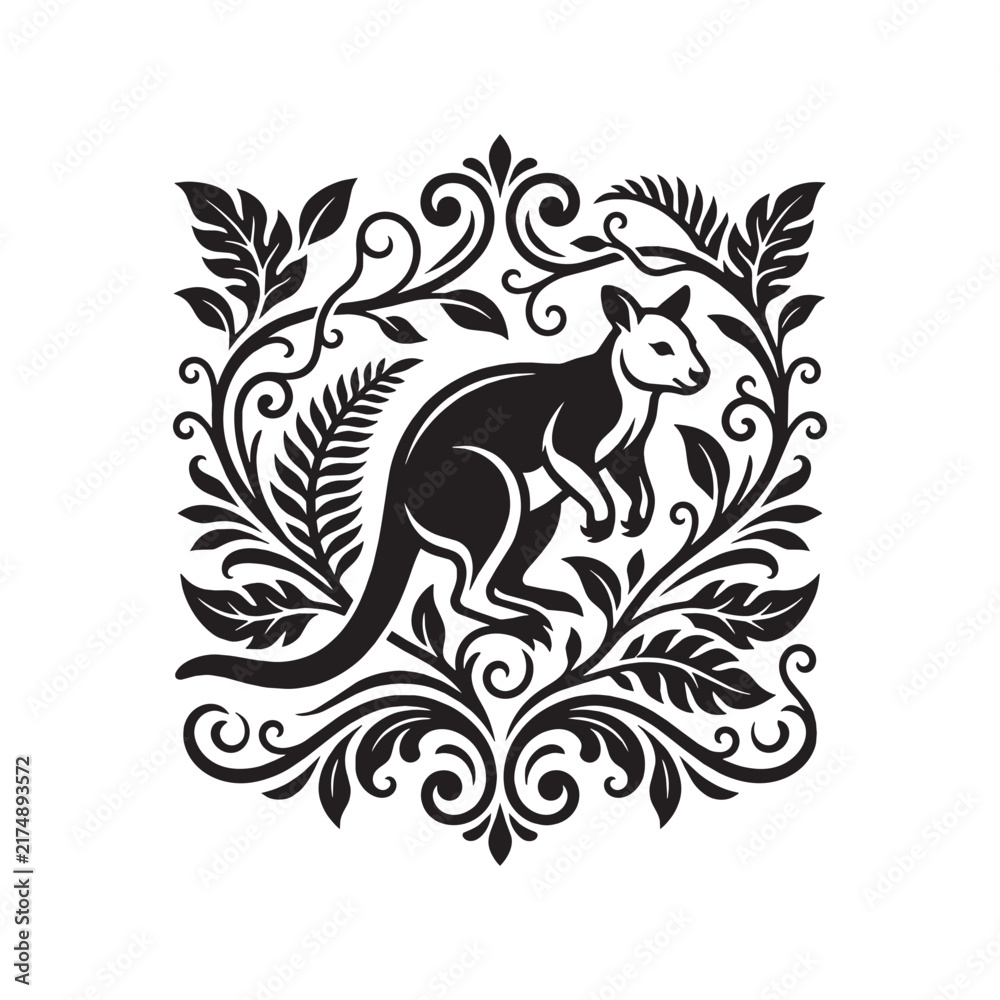Fototapeta premium Victorian Style Ornamental Kangaroo Illustration with Filigree Flourish and Decorative Scrollwork Frame in Black and White Silhouette Vector Design