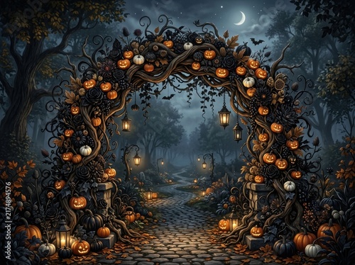 Spooky halloween decorations featuring dark botanical elements pumpkins lanterns creating atmospheric night scene