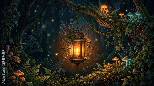 Magical halloween lantern illuminated among dark botanical elements enchanting forest atmosphere
