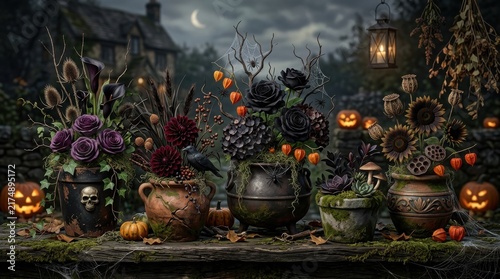Mysterious halloween decor featuring dark flowers pumpkins enigmatic atmosphere