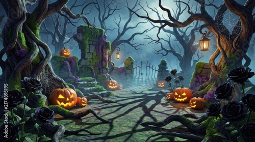 Eerie halloween setting featuring glowing jack o lanterns surrounded dark botanical elements mysterious forest
