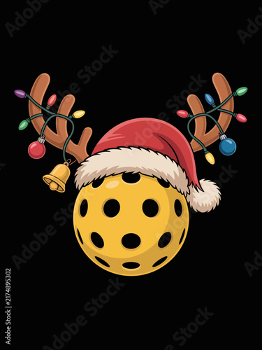 Christmas pickleball with Santa hat antlers and lights