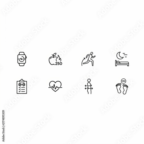 Essential Health and Wellness Tracking Icons Featuring Smart Device Monitoring, Fitness, Nutrition, Sleep, and Mindfulness for a Balanced Lifestyle