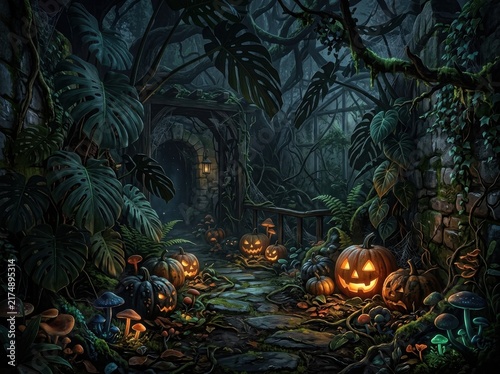 Eerie halloween atmosphere featuring intricately carved pumpkins surrounded vibrant greenery shadowy garden