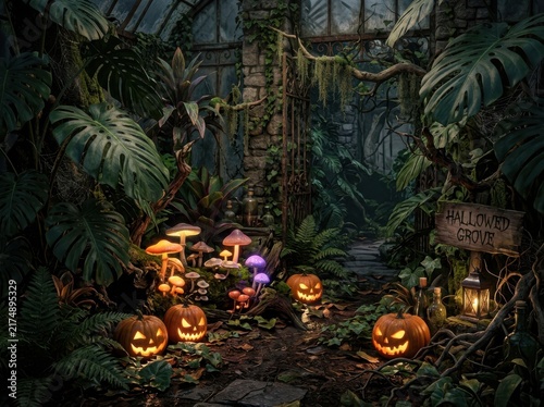 Magical halloween forest filled glowing pumpkins vibrant mushrooms surrounded lush green plants