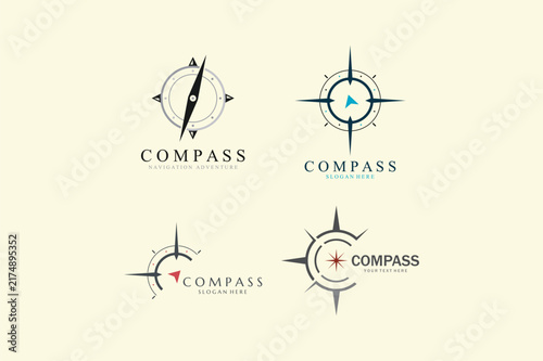Collection of four compass featuring navigation symbols, directional needles, and circular frames on a light beige background