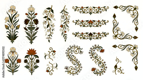 Detailed floral ornaments and botanical arrangements showcase traditional mughal garden design elements ornament arabesque scrollwork foliage acanthus flower blossom