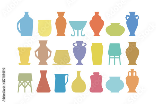 Collection of various colorful ceramic pottery vases and decorative clay jars in a flat style on a white background, for home decor