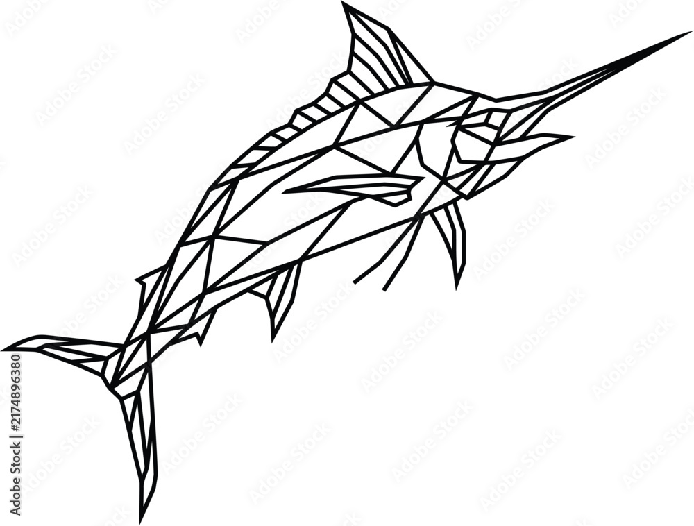 Fototapeta premium Minimalist geometric line art illustration of a marlin fish isolated on a clean white background