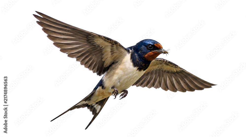 Fototapeta premium Barn swallow flying isolated on white background, bird in flight with insect in beak