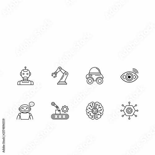 Artificial intelligence and robotics linear design elements representing bionic brain smart chatbot humanoid robot and industrial automation