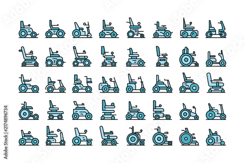 Extensive collection of colorful flat line showing various types of electric wheelchairs and mobility scooters on white background
