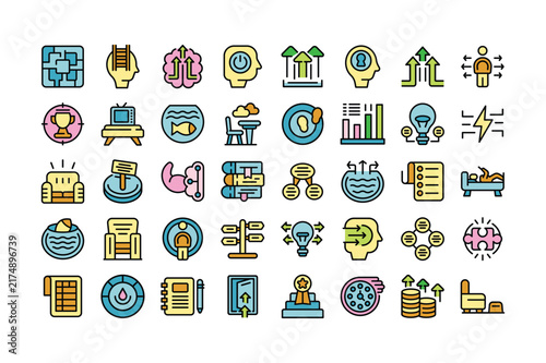 Extensive collection of colorful business and lifestyle representing growth, strategy, and daily activities on a white background