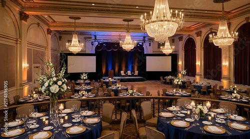 Luxury hotel ballroom set up for corporate gala conference with stage and round dining tables ballroom conference interior chandelier presentation