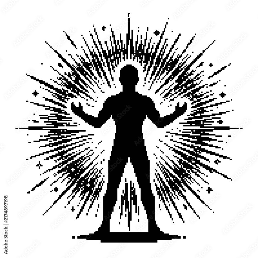 Fototapeta premium Silhouette man radiating light energy burst power enlightenment