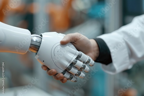 Close-up of a handshake between a human scientist and a robotic arm, symbolizing the collaboration between technology and humanity