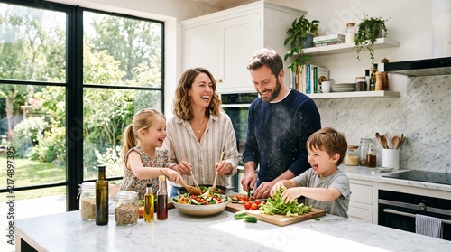Young Family with Children Laughing and Making Healthy Salad in Bright White Marble Kitchen