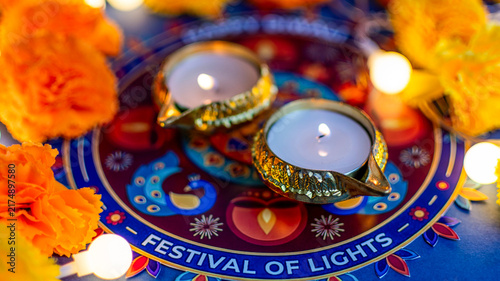 Burning diyas on Festival of Lights rangoli