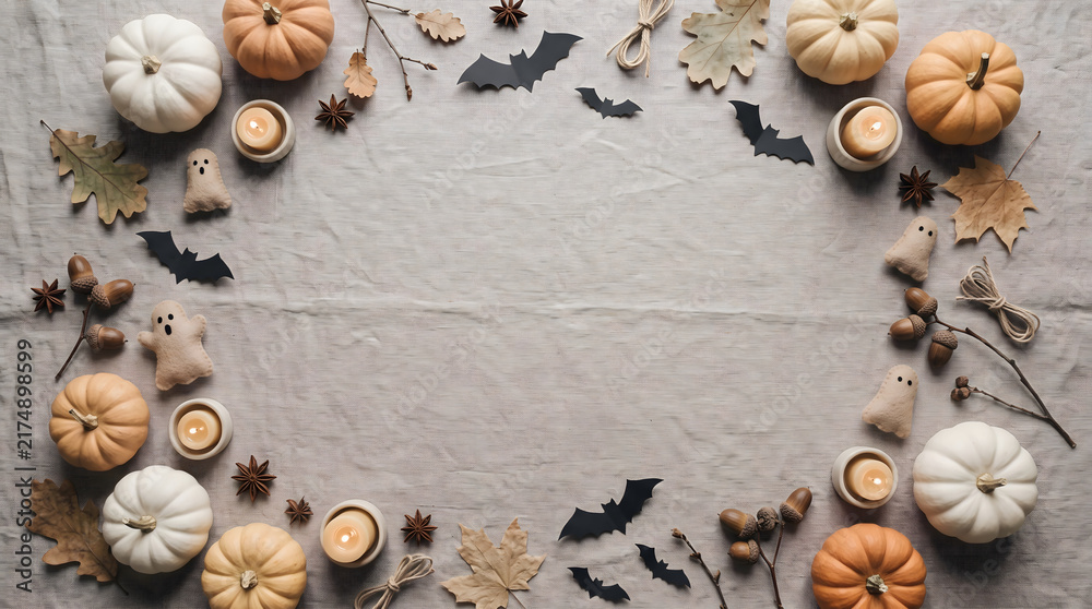 Obraz premium Flat lay composition featuring decorative pumpkins autumn leaves paper bats and small ghost ornaments arranged on a textured grey fabric background for halloween