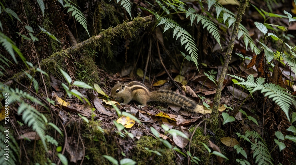 Naklejka premium Small Himalayan striped squirrel searches for food in dense green forest undergrowth. Furry rodent with striped back moves through fallen leaves on mossy ground. Wild animal in natural habitat.