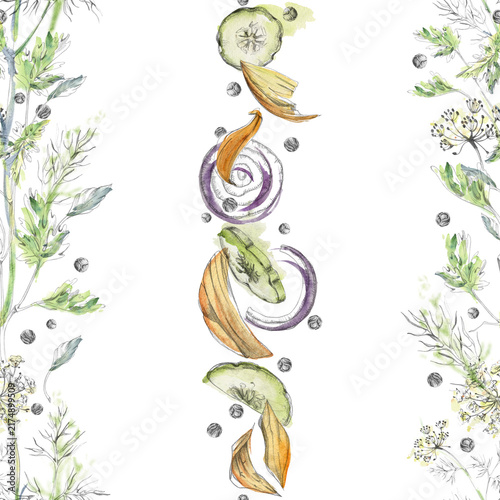 Dill, parsley leaves, peppercorns stripes, cucumber slices, onion rings and peels. Herbs, spices and vegetables, Mediterranean produce. Isolated pencil and watercolor hand drawn seamless pattern.