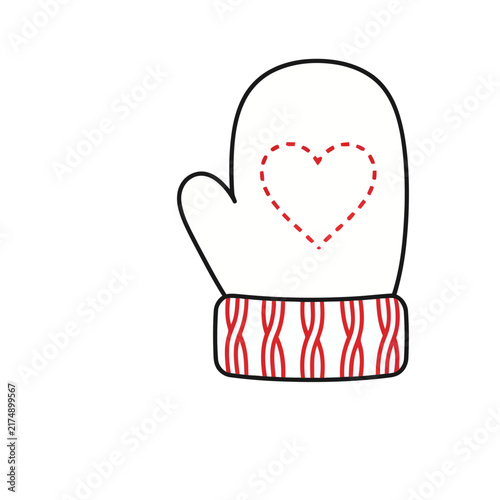 White Mitten with Red Heart and Striped Cuff