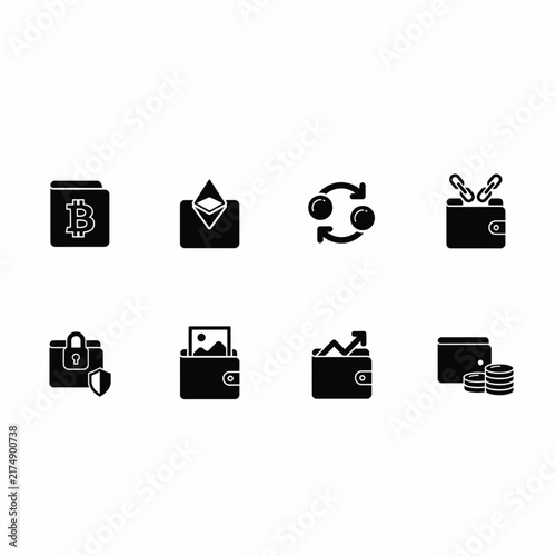 Black Cryptocurrency and Digital Wallet Icons Set Representing Blockchain Finance and Security