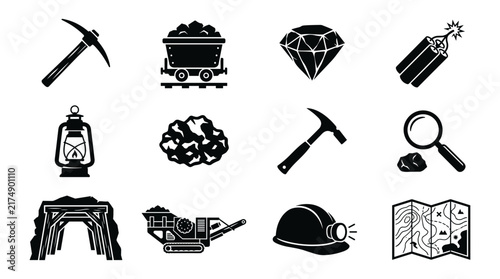 Foto Mining Icons Set with Pickaxes, Coal, Diamonds, and a Minecart