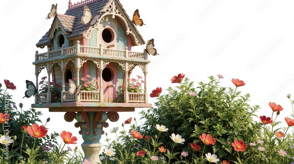 Naklejka premium Ornate victorian birdhouse with butterflies and flowers on white background. Detailed miniature home structure for avian life in garden setting.