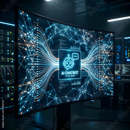 Futuristic AI chatbot display on a curved monitor in a server room with abstract digital neural network data connections and machine learning concept